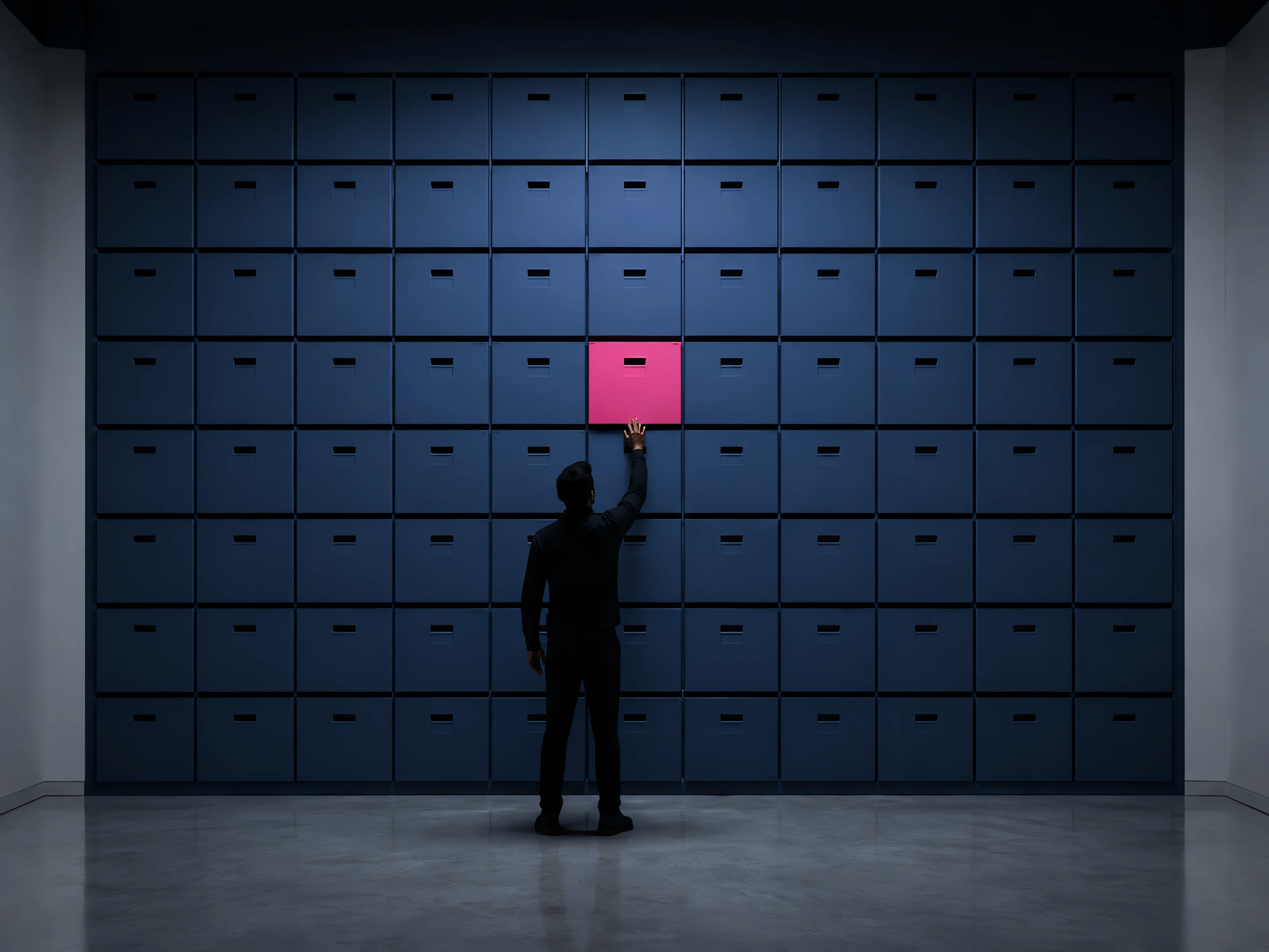 An archivist seating the final record box into a complete wall of files, symbolizing books kept whole